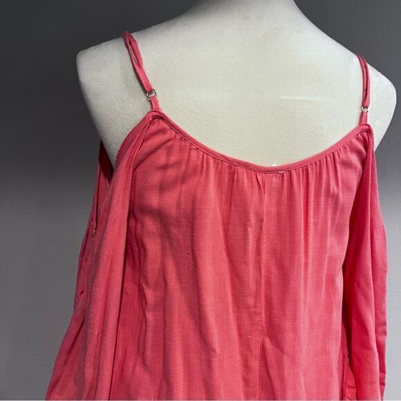 Coral color a-line cold Shoulder short sleeve mini dress with lace details - Picture 6 of 13
